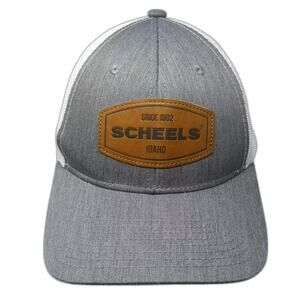 Scheels Trucker Hat Gray White Leather Patch Idaho OS Adjustable Mesh Snapback